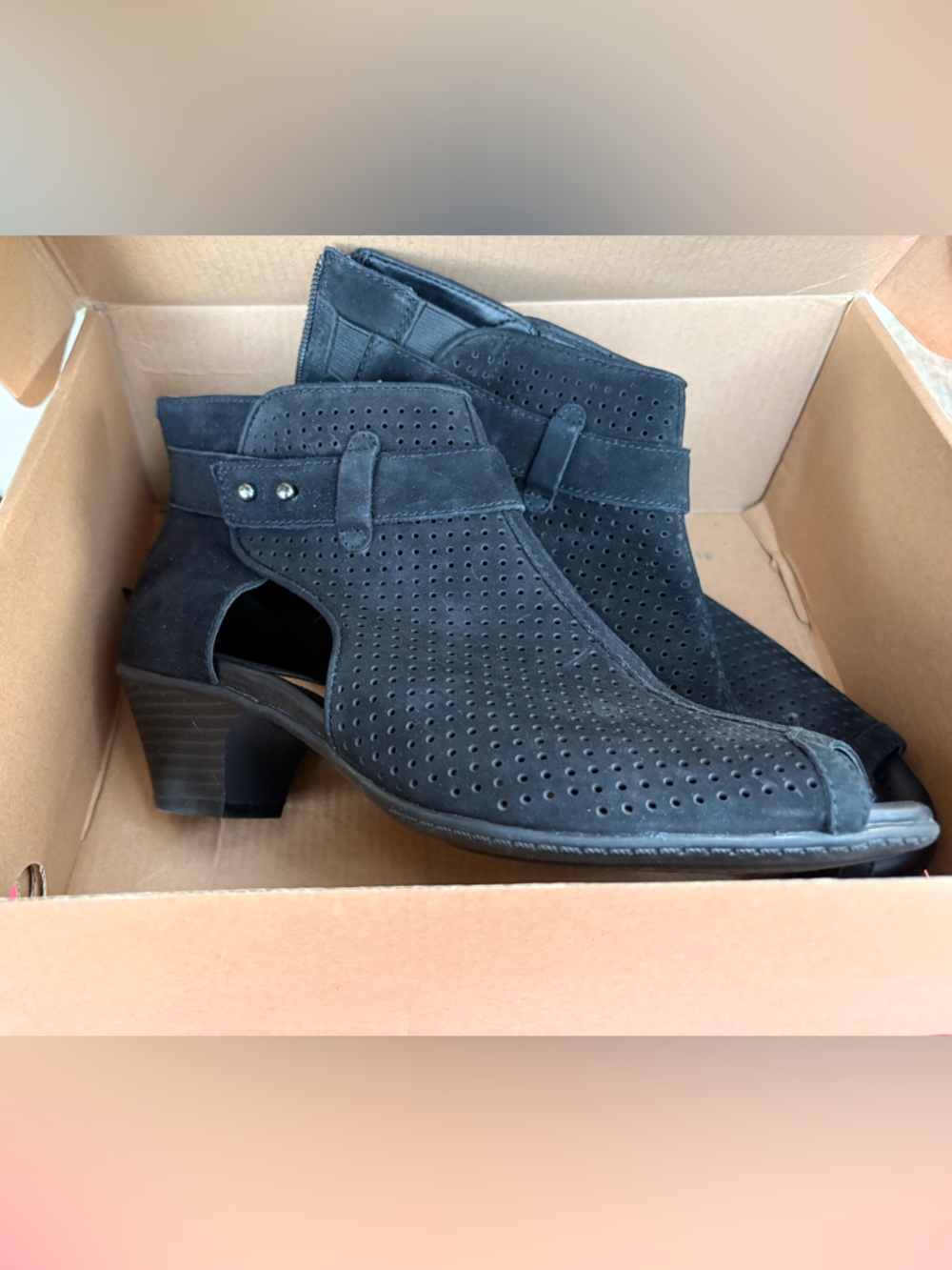 Earth Black Perforated Suede Peep-Toe Ankle Boots